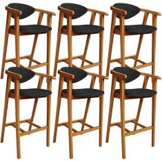 Kit 06 Banquetas Alta Cecília L02 Assento em Linho Base Fixa com Encosto 102 cm Cinza para Cozinha