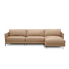 Sofá Decorativo Karine 5 Lugares Sala De Estar 330cm Com Chaise Pés Em Aço Couro Nude