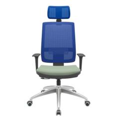 Cadeira Office Brizza Tela Azul Com Encosto Assento Vinil Verde RelaxP
