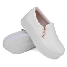 Tênis Slip On Liso Feminino com Zíper Lateral Sola Borracha Alta Flat 