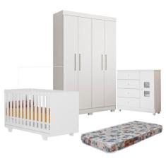 Quarto de Bebê Berço Mini Cama com Colchão, Cômoda 1 Porta 4 Gavetas e