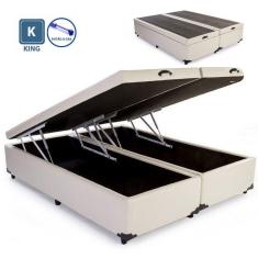 Cama Box King Size Sintético Com Bau Pistão A Gás Bege Bipartido - 193x203