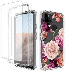 Vavies Capa para Google Pixel 5A 5G com protetor de tela de vidro temperado, corpo inteiro, transparente, flexível com design floral, proteção amortecedora, capas para celular para Google Pixel 5A 5G