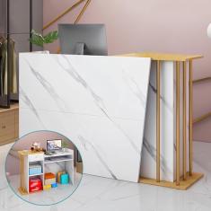 Mesa de recepção com balcão, balcão de recepção moderno com gavetas e prateleiras de armazenamento, mesa de computador de escritório com grande armário de armazenamento, para saguões de salão, sala de