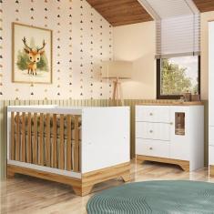 Quarto de Bebê Cômoda 1 Porta com Janela e Berço Minicama 100% Mdf Ravy Espresso Móveis Branco Brilho/Amêndoa