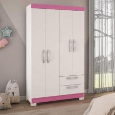 Guarda-roupa Solteiro 4 Portas 2 Gavetas  Branco New/rosa