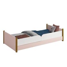 Cama Evolutiva Ravi Rosa Com Pés Amadeirado, Proteção Lateral Lisa E Colchão D20 - Reller Móveis Rosa Fosco