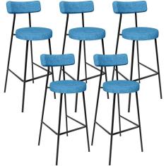 Kit 05 Banquetas Alta Bar Cozinha Sala de Jantar Estrutura em Aço Milão L02 Linho Azul - Lyam Decor