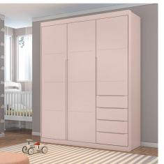 Guarda Roupa Infantil Diamante 3 Portas 4 Gavetas 100% MDF Cor Rosé - Phoenix Baby