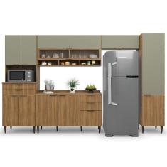 Armário De Cozinha Completa Com Balcão Nicho Para Micro Ondas 11 Portas 5 Gavetas Paris Nogal/verde