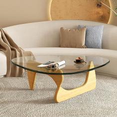 Mesa de centro triangular, mesa de centro moderna (moldura de madeira + tampo de vidro triangular) para sala de estar, pátio, escritório, lounge, escritório, nogueira + transparente, tronco