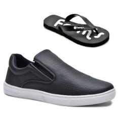 Kit Tênis Casual Masculino Slip On Elástico Conforto + Chinelo Preto