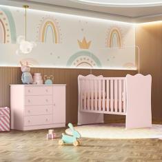Quarto de Bebê Doce Sonho com Cômoda 2561 e Berço Simples 1 Qmovi Rosa Acetinado + Colchão Gazin