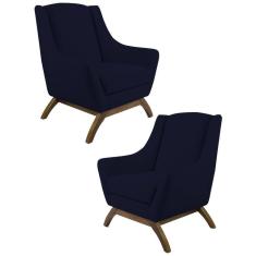 Kit 2 Poltronas Base Manu Madeira Juliet B-287 Veludo Azul Marinho - Domi