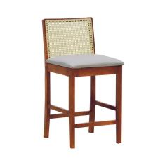 Banqueta Média Pérola Madeira Maciça Com Telinha C- 62cm Altura - Amêndoa Linho Bege