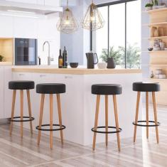 Banqueta Alta para Cozinha Base Madeira Kit 4 Dani Sintético PU Preto 