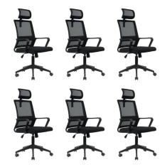 Kit 6 Cadeiras para Escritório Giratória Presidente Tokyo com Apoio Cabeça Preto