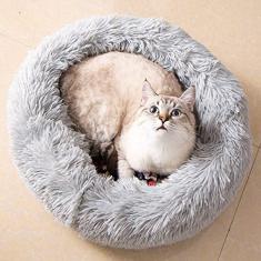 Cama de gato donut, camas de cachorro de pelúcia falsa para cães médios e pequenos - travesseiro redondo interno auto-aquecimento aconchego cama de gato lavável diâmetro 40 cm