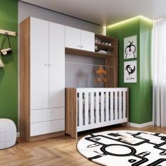 Quarto de Bebê com Guarda-Roupa e Berço 3 em 1 com Colchão Completa Móveis Nogal Manchester/Branco