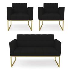 Kit 1 Sofá Namoradeira E 2 Poltronas Elisa Linho Base Metálica Industrial Dourada Cor A79 Preto