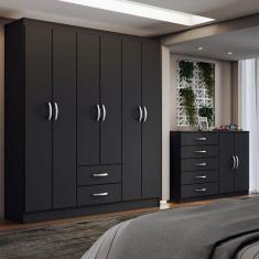 Guarda-Roupa Casal Helena 6 Portas 2 Gavetas com Cômoda 2 Portas 5 Gavetas Preto - Panorama Móveis
