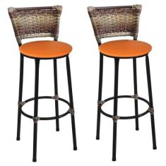 Kit 2 Banquetas Alta Preta Junco Capuccino com Assento Laranja Fortmix