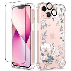 GVIEWIN Capa projetada para iPhone 13 de 6,1 polegadas, com protetor de tela de vidro temperado + protetor de lente de câmera flor transparente macia e flexível à prova de choque floral feminina capa