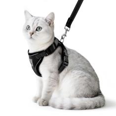 PUPTECK Conjunto de arnês e coleira para gatos, à prova de fuga, refletivo, ajustável, colete de malha respirável macio para animais de estimação pequenos, preto, M