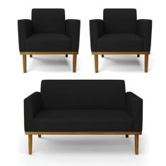 Sofá Namoradeira com 2 Poltronas Base de Madeira Fixa Castanho Marisa 