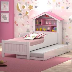 Bicama Solteiro Casinha Princesa Prateleiras – Branco/Rosa – Vitamov