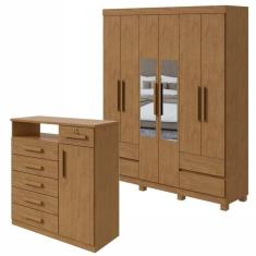 Conjunto de Guarda-Roupa 6 Portas 4 Gavetas Zeus com Espelho e com Pés e Cômoda com Nicho Da Vinci Amêndoa Clean