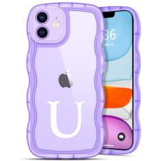 R'hllor Capa roxa para iPhone 11, capa de telefone personalizada com iniciais A - Z para presente de Dia dos Namorados, linda capa protetora de TPU com borda ondulada encaracolada, capa de telefone