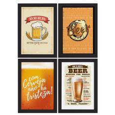 Quadros de Cerveja Beers Moldura Preta 33x43cm 4un - Quartinhos