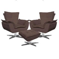 Kit 2 Poltronas Decorativas Base Giratória Cromada com Puff Opla Suede