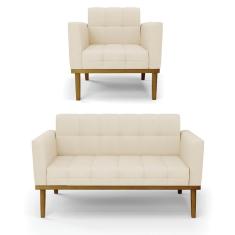 Sofá Namoradeira E Poltrona Base De Madeira Castanho Elisa Linho D03 - D'rossi Cor A19 Bege