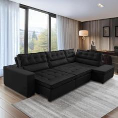 Sofá de Canto Retrátil e Reclinável com Molas 3,00x2,00 Virginia Suede Preto Adonai Estofados