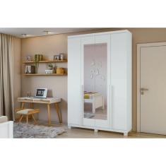 Guarda Roupa Solteiro Alonzo 4 Portas de Bater 2 Gavetas MDF com Espelho Branco Móveis Lopas