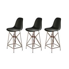 Kit 3 Banquetas Bistrô Alta Eames Preta Base Ferro Cobre - Cor: Preto