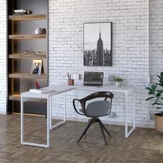 Mesa de Escritório em L Estilo Industrial 135x150cm Kuadra Branco Chess/Est.Branca