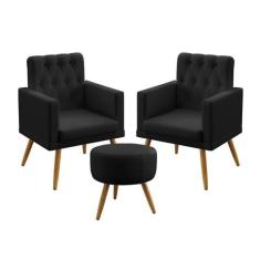 Kit 2 Poltronas Decorativas Estofada Nina e Puff Solar Com Rodapé E Bo