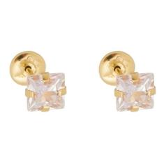 Brinco Ouro 18k Infantil Pedra Zircônia Quadrada nas cores Branca Verm