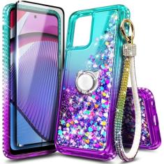 NZND Capa projetada para Motorola Moto G-5G-2023 com protetor de tela de vidro temperado, suporte de anel e alça de pulso, capa fofa com glitter líquido flutuante para crianças meninas mulheres (água