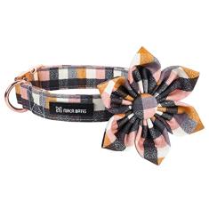 Coleira xadrez para cães Maca Bates outono com gravata borboleta floral para meninas médias, meninos, cães, outono, cinza, rosa, filhote de cachorro guingão, coleira xadrez com gravata borboleta