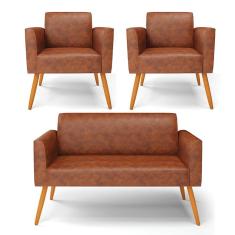 Sofá Namoradeira Com 2 Poltronas Pés Palito Castanho Marisa Corano Nozes D03 - D'rossi