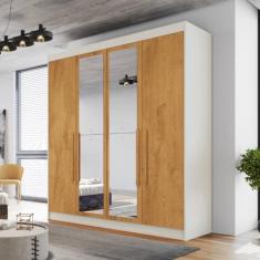 Guarda Roupa Solteiro Nantes 4 Portas de Bater 3 Gavetas MDF com Espelho Off White-Peroba Móveis Europa