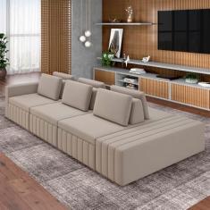 Sofá Ilha com Encosto e Almofadas Móveis Olimpo 365cm Modulado Veludo Bege G45 - Gran Belo