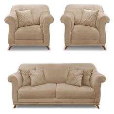 Kit 2 Poltronas e Sofá Living 2 Lugares 1,80m Vênus Suede Pés Castanho