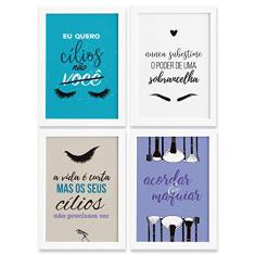 Kit Quadro Decorativo Maquiagem Frases Moldura Branca 4un 33x43cm