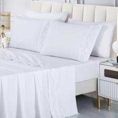 Jogo De Cama Lençol Luminia Casal 4 Peças Micropercal 300 Fios Bordado Floral Branco 100% Poliéster