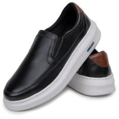 Tenis Sapatenis Masculino Mocassim Slip On Couro Legitimo Tenis Confortavel-Masculino